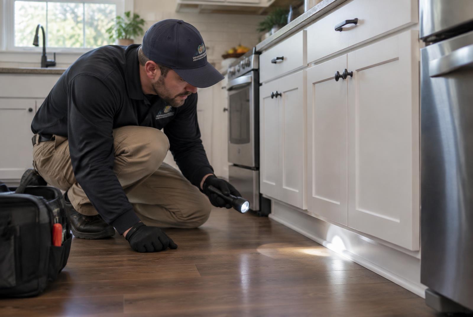 Interior pest inspection Technician inspecting a kitchen baseboard with a flashlight for ants and mice